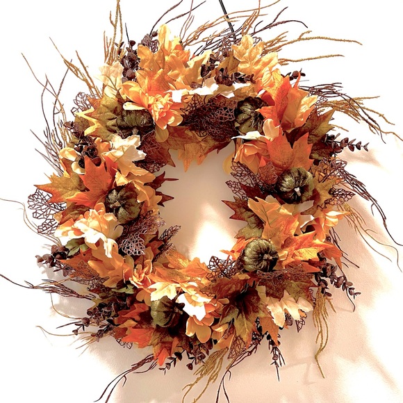 Fall wreath, green, orange pumpkins - Picture 1 of 5